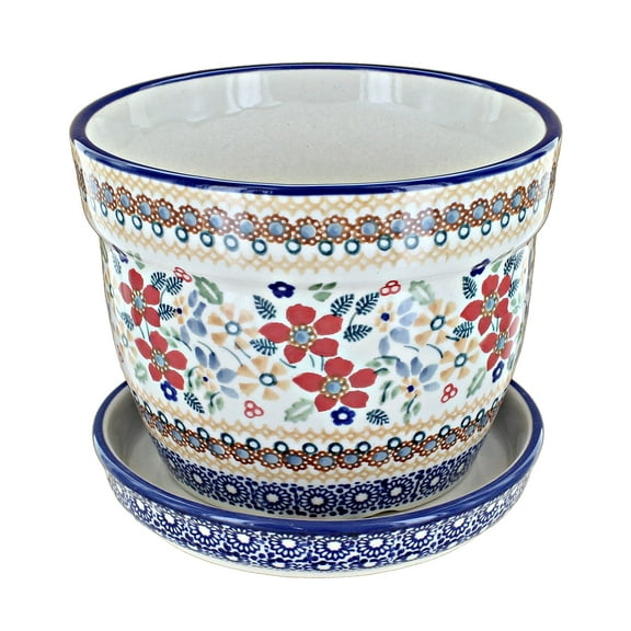 Blue Rose Polish Pottery Red Daisy Large Flower Pot