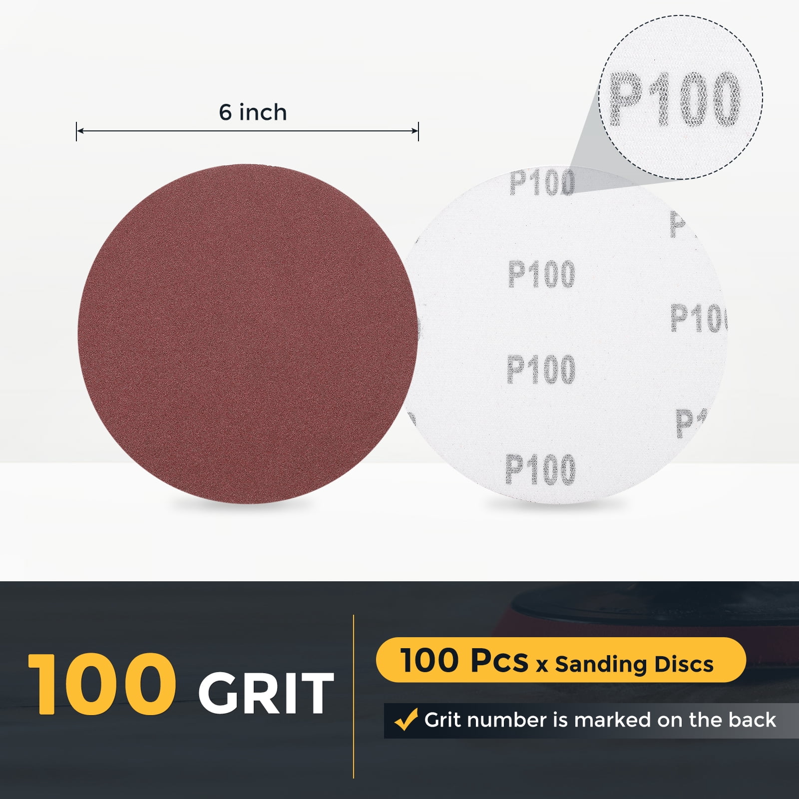 100 Pcs 6 Inch Sanding Disc 100 Grit Hook and Loop Sandpaper Random Orbital Sander Pads for Woodworking Automotive, Gold