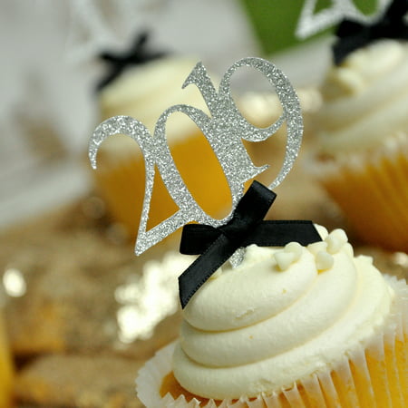 Glitter Silver 2019 Graduation Cupcake Toppers with Black Bows. Graduation Party Decor 12