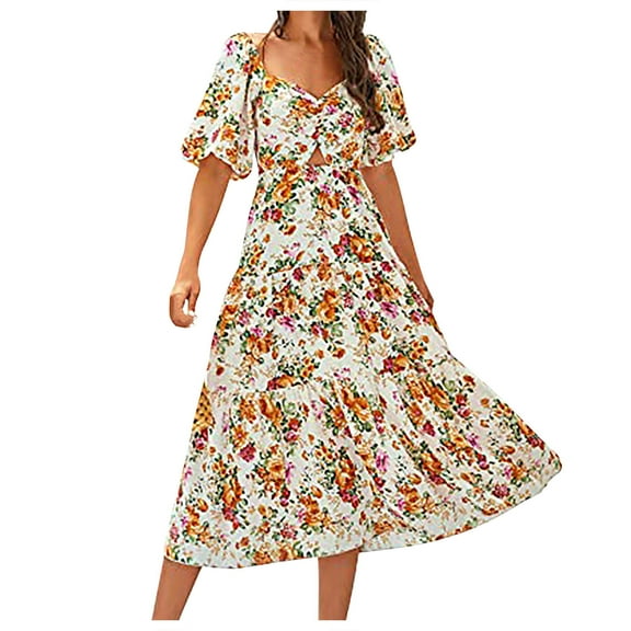 JGTDBPO Summer Dresses For Women 2023 Fashion Round Neck Short Sleeve Smocked Back Boho Floral Long Maxi Dress Swing Beach Dress Ankle Length Sun Beach Dresses