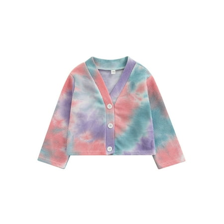 

Calsunbaby Little Girls Casual Long Sleeve Cardigan Fashion Tie-dye Printed Waffle V-neck Button-down Coat