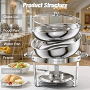 WARMOUNTS Round Chafing Dish Buffet Set 4 Pack, 5QT Buffet Chafe Warmer Set, Polished Stainless Steel Chafing Dish for Buffet with Glass Lid & Holder for Party Events, No Finger Cuts