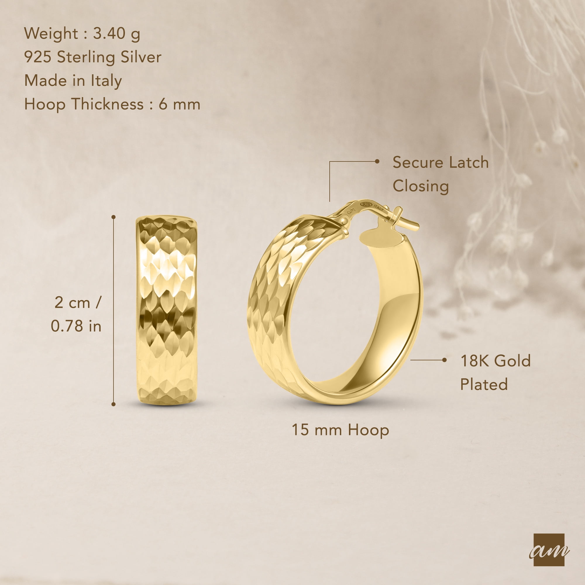 Amberta Women 925 Sterling Silver Chunky Hoop Earrings: Diamond Cut Gold Hoop Earrings 15 mm