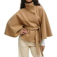 thumbnail image 2 of Women's Batwing Sleeve Cape Coat, Cropped Wool Blend Poncho, Belted Stand Collar Overcoat, Short Winter Cloak, Tied Waist Cape Jacket, Casual Cropped Overcoat, Elegant Cape Coat Khaki XL, 2 of 5