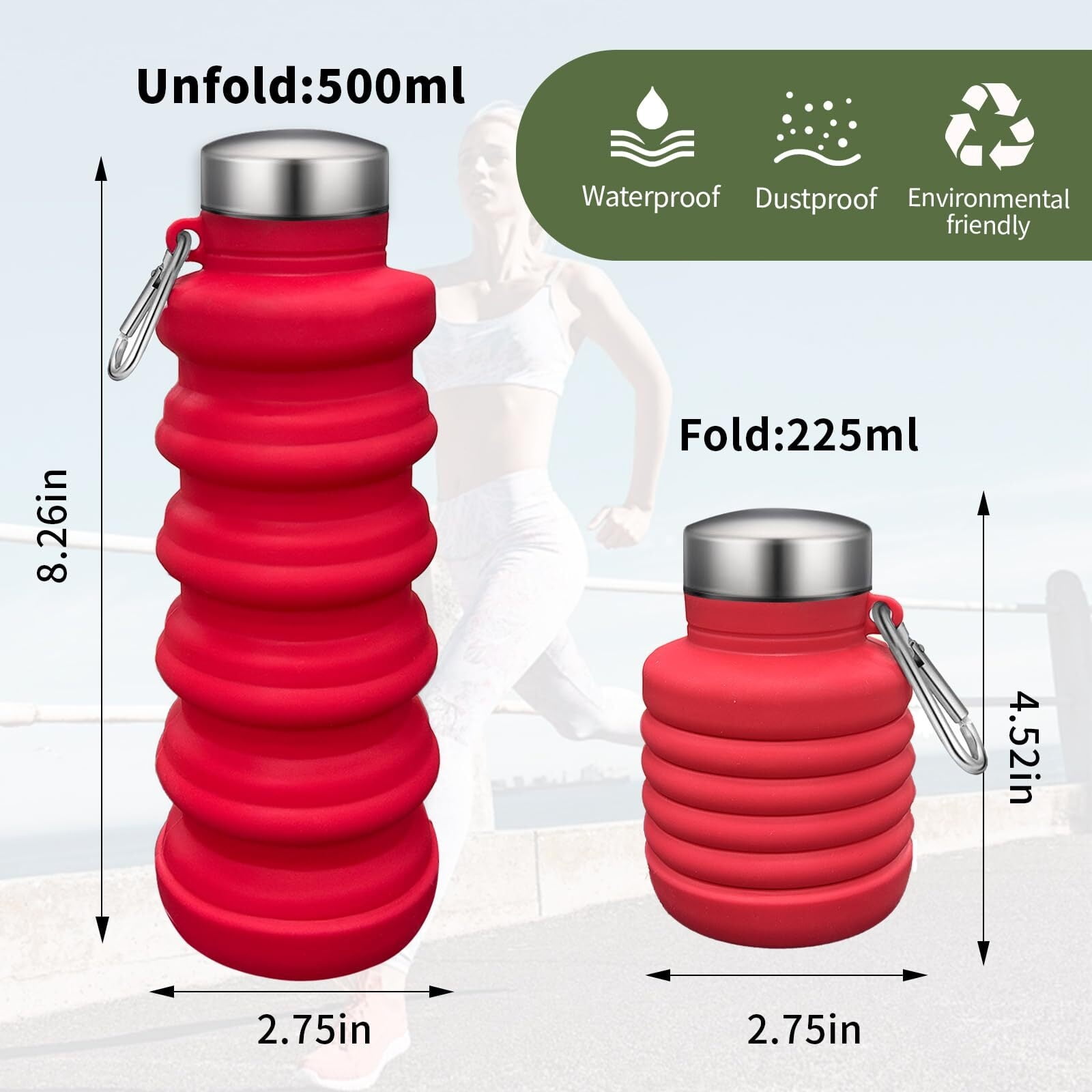Collapsible Water Bottle,4 Pcs BPA Free Reuseable Silicone Foldable Leakproof 16oz Water Bottles,Portable Lightweight Water Bottles with Carabiner for Travel Gym Camping,Hiking Outdoor Indoor Sports