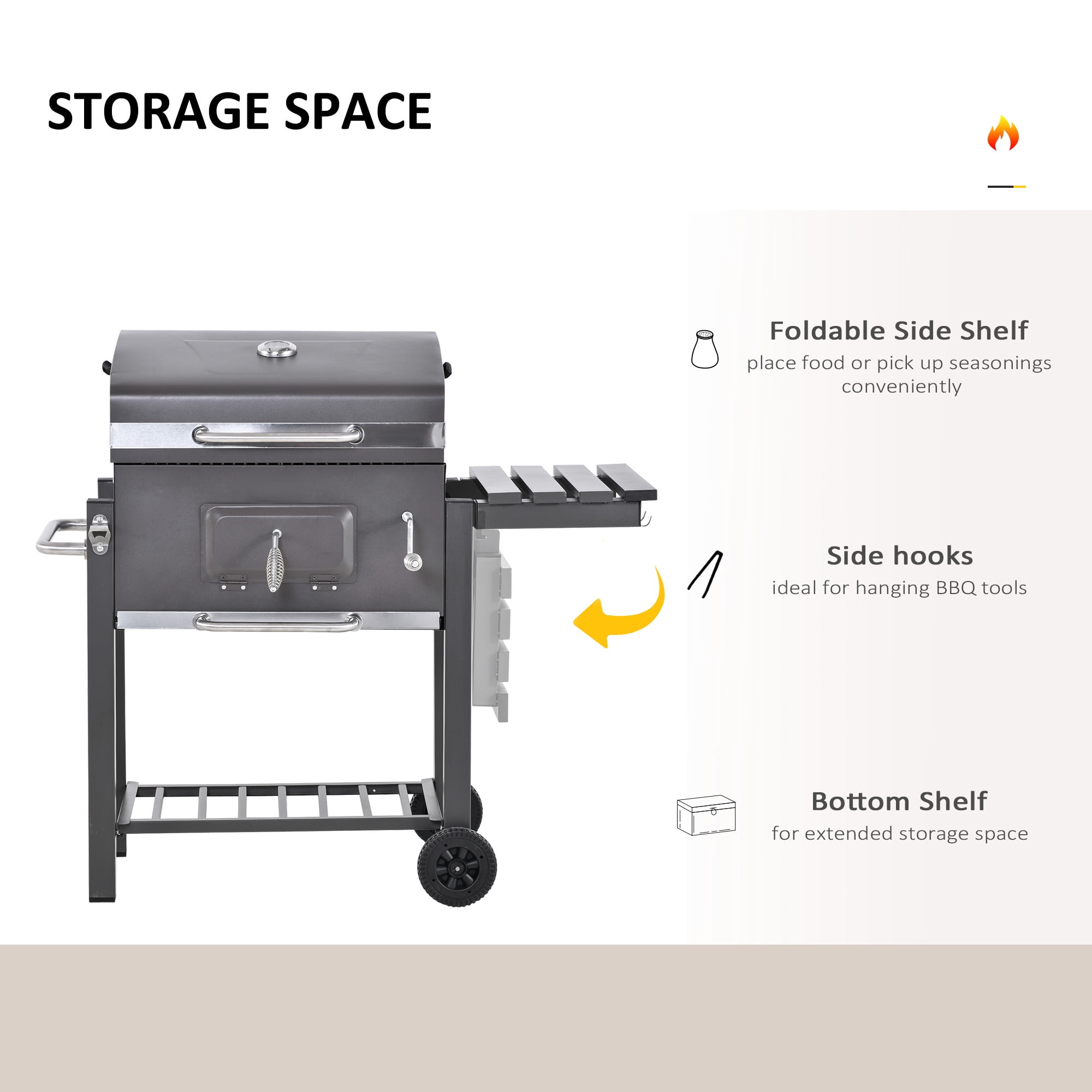 Outsunny Portable Charcoal Grill, Stainless Steel, Thermometer and Side Burner, Gray