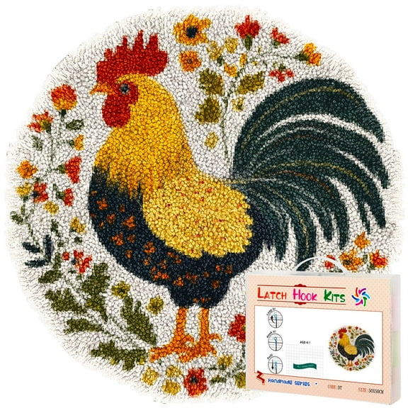 Latch Hook Rug Kit Rooster in Flowers Stamped Handmade Round Shape Carpet Crochet Yarn Craft DIY Hook and Latch Door Mat Tapestry for Christmas Home Floor Decor 50x50cm(1)