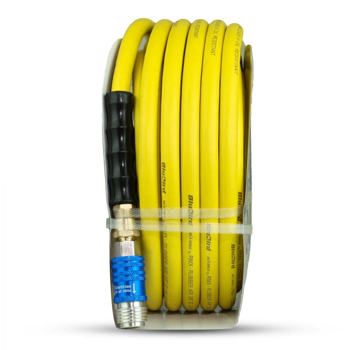 OilShield 3/8" x 50' Rubber Air Hose with BluBird 5-in-1 Safety Coupler – 300 PSI, Class A Oil Resistant, Solid Brass Fittings, -30°F to 180°F Flexibility, Kink & Abrasion Resistant – 3 Yr Warranty