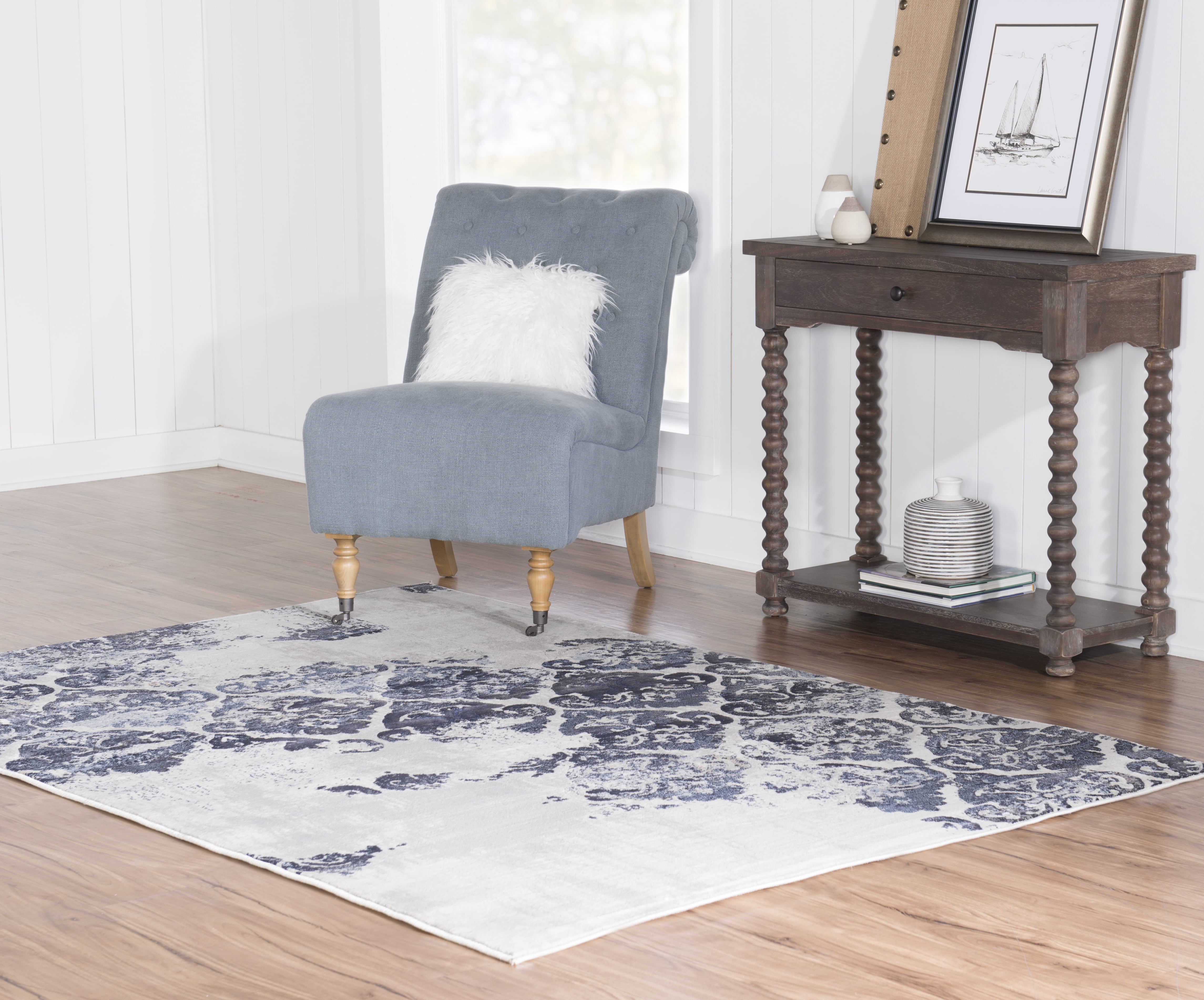 Jewel Clara Beige Navy Area Rug 5x7.6 Powerloomed 100% Polypropylene
