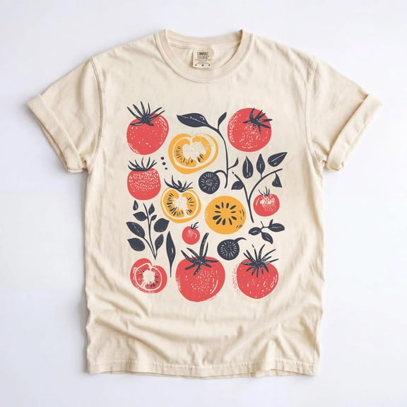 Tomato Garden Print T-Shirt, Whimsical Cottagecore Vegan Botanical Graphic Tee, Garden Lover Gift