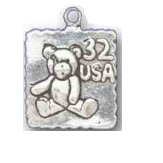Sterling Silver 24" 1mm Box Chain 3D Teddy Bear Postage Stamp Pendant Necklace