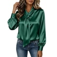 thumbnail image 6 of Zivyakyron Long Sleeve Womens Blouses Fall Casual Tie Neck Satin Plain Women Top Loose Elegant Green 2XL, 6 of 10
