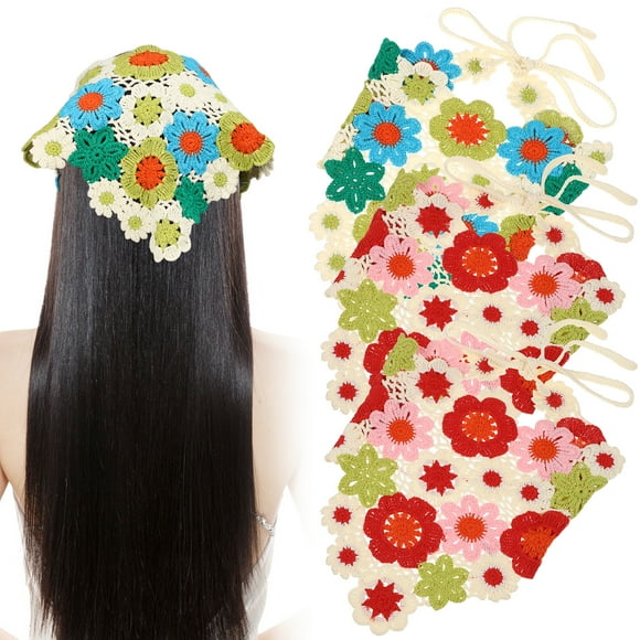 3Pcs Knitted Hair Scarves Crochet Hair Bandanas Flower Head Kerchief for Women Girls