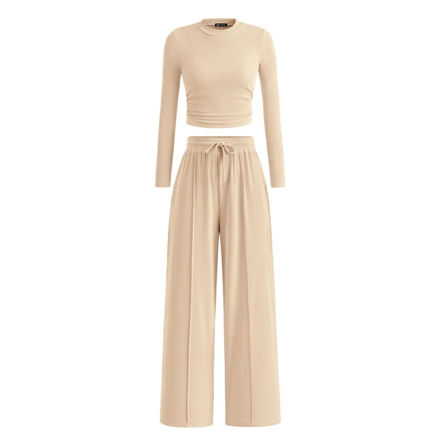 Conjunto de Dos Piezas para Mujer PRETTYGARDEN Top Corto y Pantalones de Pierna Ancha Beige XXL