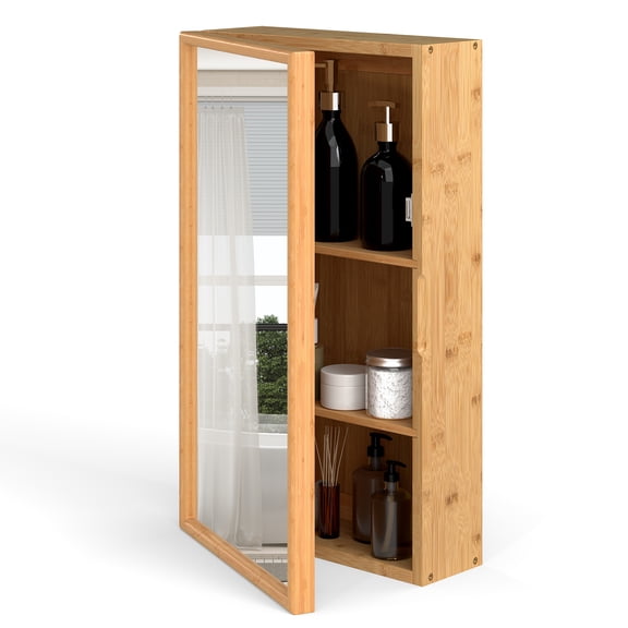 Gymax Small Medicine Cabinet 14'' x 24'' Bamboo Storage Organizer w/ Mirror Door and Removable Shelves for Compact Spaces