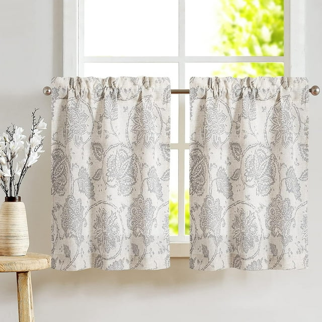 Kitchen Curtains Paisley Scroll Print Linen Small Window Tier Curtains for Bathroom Medallion Design Burlap Vintage Jacobean Floral Cafe Style 36 Inch Length 2 Panels Grey on Beige