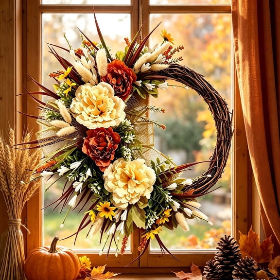 Fall Artificial Peony Wreath, 50cm Rattan Base Floral Ring, Plastic Flower Decor for Front Door, Wall, Window, Thanksgiving Home Decoration