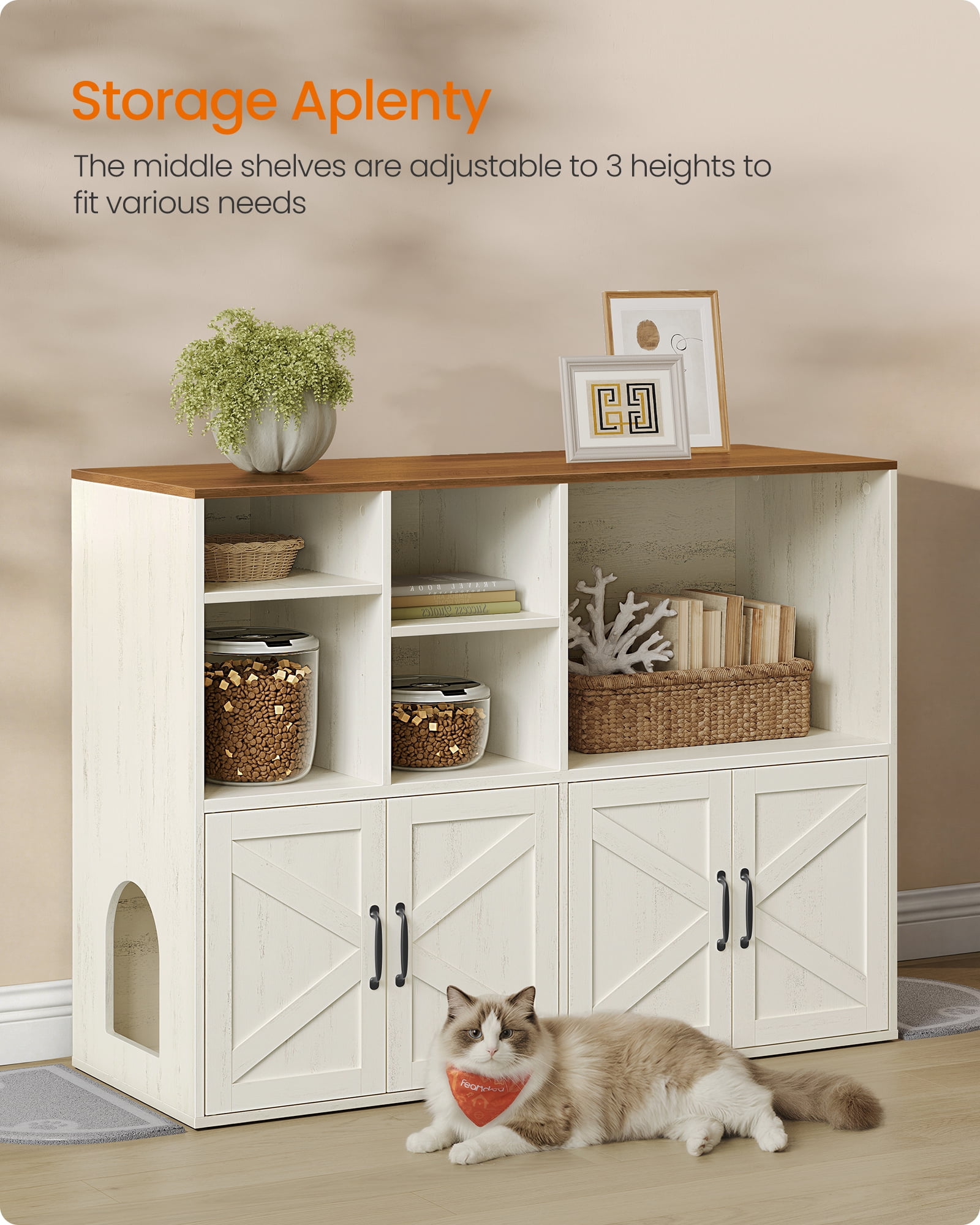 Feandrea Litter Box Enclosure for 2 Cats, Hidden Litter Box Furniture with Storage Cabinet, Double Room, Honey Brown and Rustic White