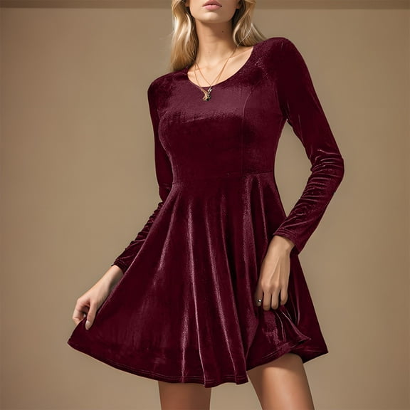 Tauxra Dress for Women,Long Dress with Sleeves,Women Solid Color Round Neck Long Sleeve Dress,Velvet Flare Hem,Long Dress for Women