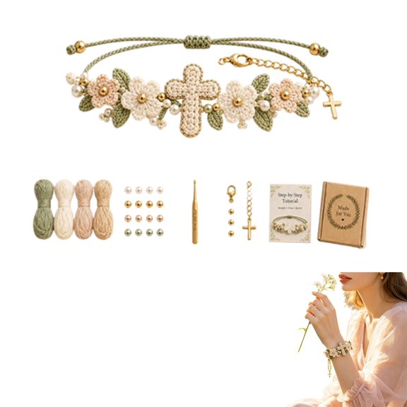 Crochet Bracelet DIY Kit with Beads,Beginner Yarn Craft with Step-by-Step Tutorial for Women Craft Lover