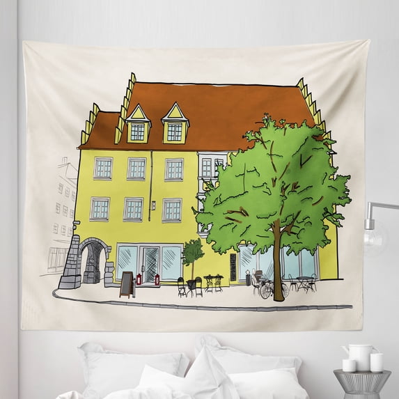 German Tapestry, Sketch of Old Building in Lindau Germany Colorful Illustration Bavarian Architecture, Fabric Wall Hanging Decor for Bedroom Living Room Dorm, 5 Sizes, Multicolor, by Ambesonne