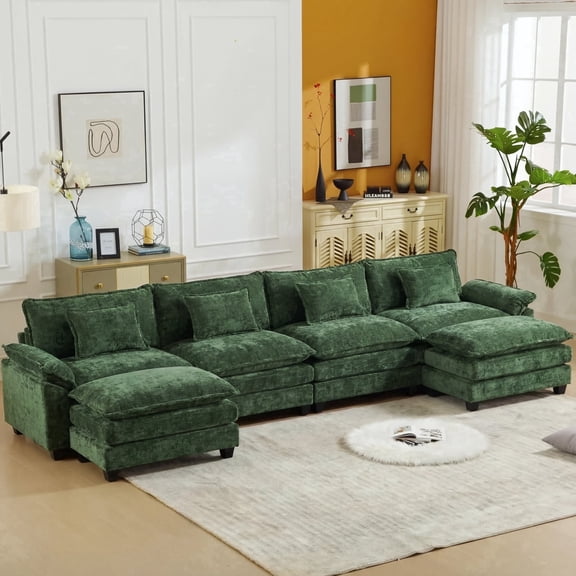 IPKIG 6-Seat Sectional Sofa with Ottoman, Modern Sleeper Couch in Soft Chenille Fabric for Living Room, Comfortable Deep Seating w/ Pillows (Green)