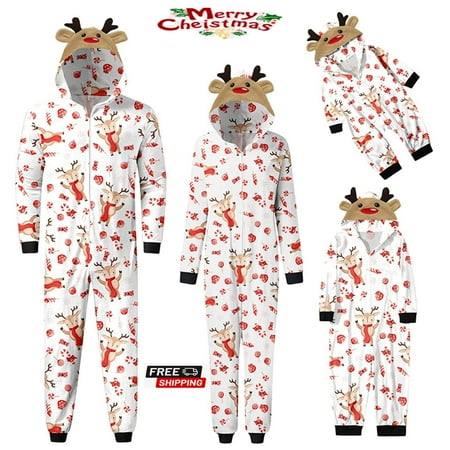 

Sunisery Family Matching Clothes Christmas Sleepwear Cartoon Elk/Snowman Print Long-Sleeve Zipper Hood One-Piece Jumpsuit