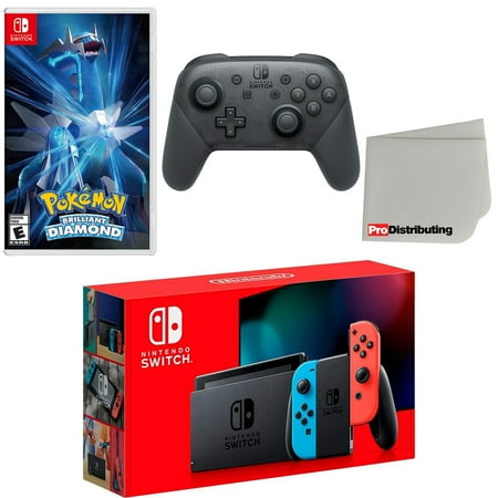 Nintendo Switch Console Neon Red & Blue with Extra Wireless Controller, Pokemon Brilliant Diamond and Screen Cleaning Cloth
