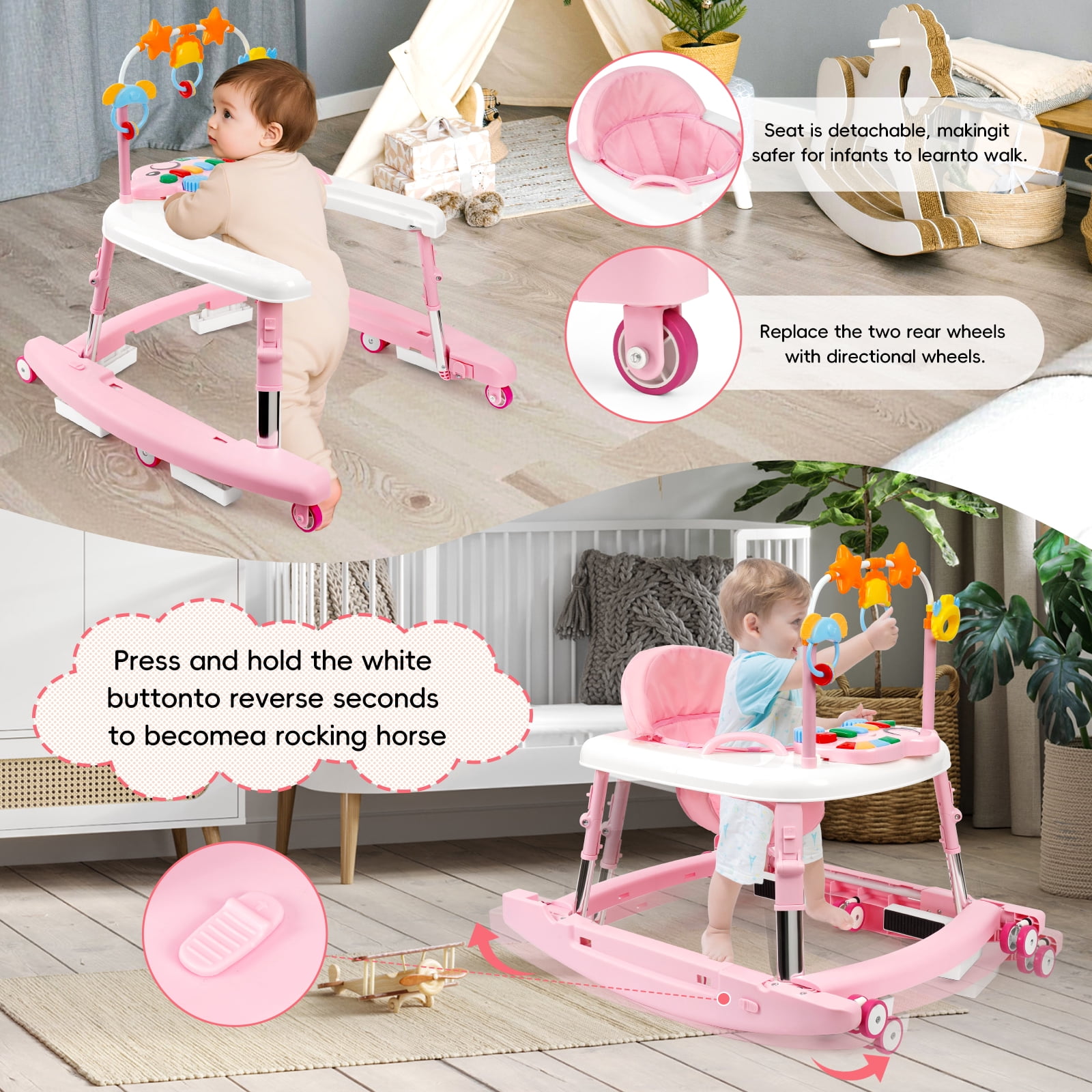 5-in-1 Foldable Baby Walker with Music & Lights – Adjustable Height, Wheels & Bouncer, Portable Toddler Walker for Baby Girls 6-18 Months, Pink