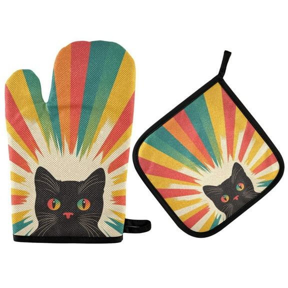 Yayeee Oven Mitts and Pot Holder Set of 2 Heat Resistant Kitchen Gloves Baking Hot Pad, Colorful Black Cat