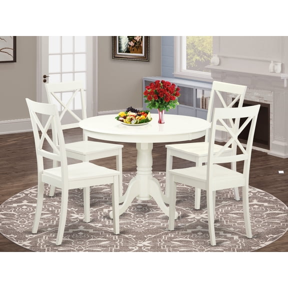 East West Furniture Kitchen Table Set-Finish:Linen White,Shape:Round,Style:Wood Seat