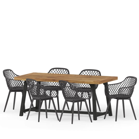Flora Wood and Resin Outdoor 7 Piece Dining Set, Black and Sandblasted Teak