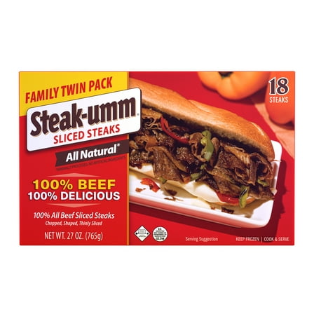 Steak-umm Sliced Steaks All-Natural 100% Beef, 27oz 18 Count Family Twin Pack (Frozen)