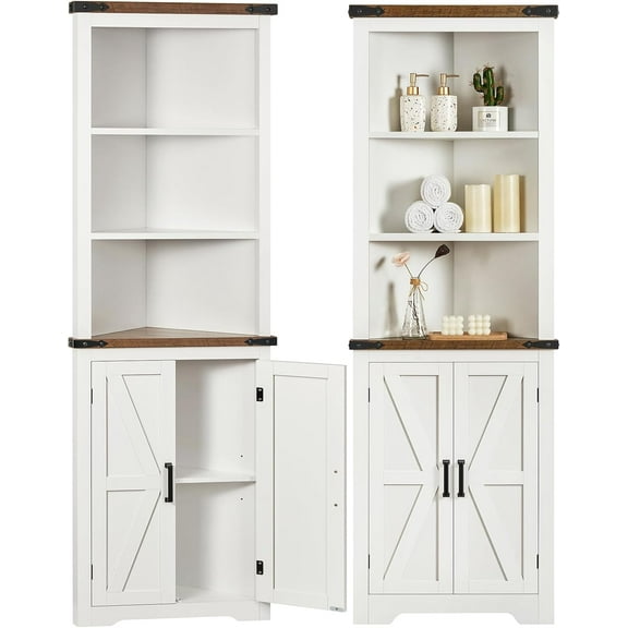 Farmhouse Corner Cabinet, 70" H Tall Corner Hutch with 5 Shelves & 2 Barn Doors, Bathroom Cabinet with Adjustable Shelf, for Living Room, Kitchen, Bathroom, White