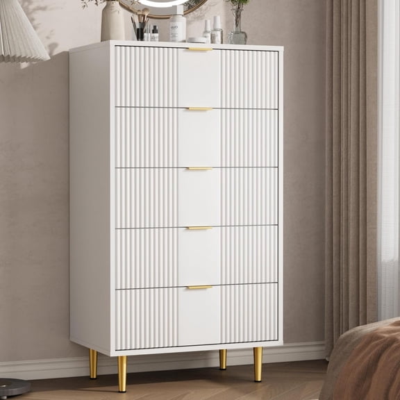 5 Drawer Fluted Dresser for Bedroom, Tall Wooden Chest of Drawers with Metal Handles, Modern Storage Cabinet for Living Room, Hallway & Closet,White