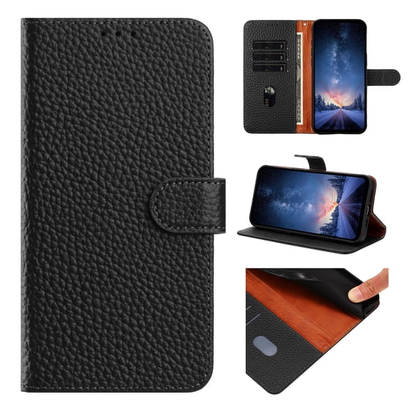 for iPhone 13 Pro Wallet Case, Genuine Leather Lychee Pattern Flip Cover, PU Leather TPU Case with Card Slots Kickstand Magnetic Closure Protective Case - Black