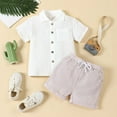 thumbnail image 2 of FAOWME Boys Linen Blend Short Sleeve Shirt Shorts Sets Casual Summer 2PCS Outfits With Collar & Solid Colors Beige 4-5 Years, 2 of 5