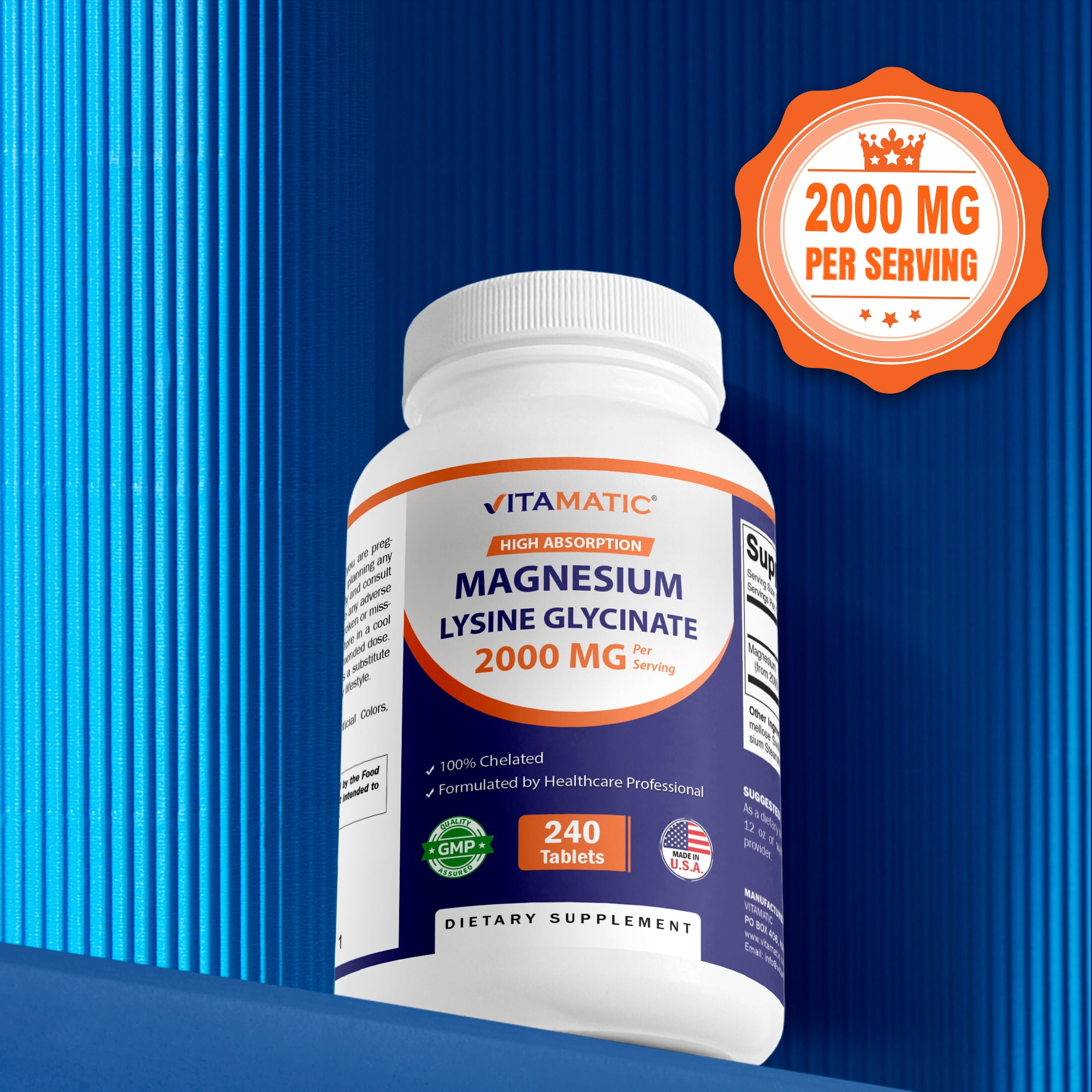 Vitamatic Magnesium as Glycinate Lysinate – 240 Tablets – 100% Chelated Magnesium - Supports Muscle Relaxation, Heart, Nerve Health* – Non-GMO, Gluten & Soy Free - 2 Pack