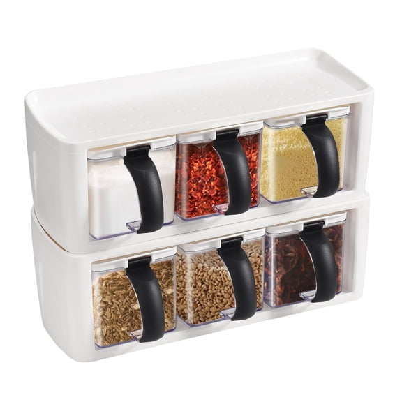 2 Pack 3 Grids Seasoning Box with Handle and Spoon Clear Seasoning Storage Container