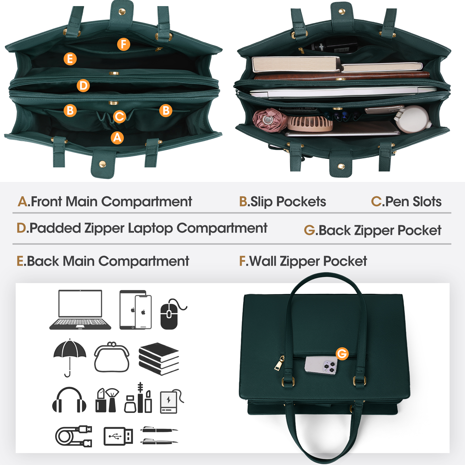 Laptop Bag for Women 15.6 inch Laptop Tote Bag Waterproof Leather Computer Bag Large Briefcase Professional Business Office Work Bag,Dark Green