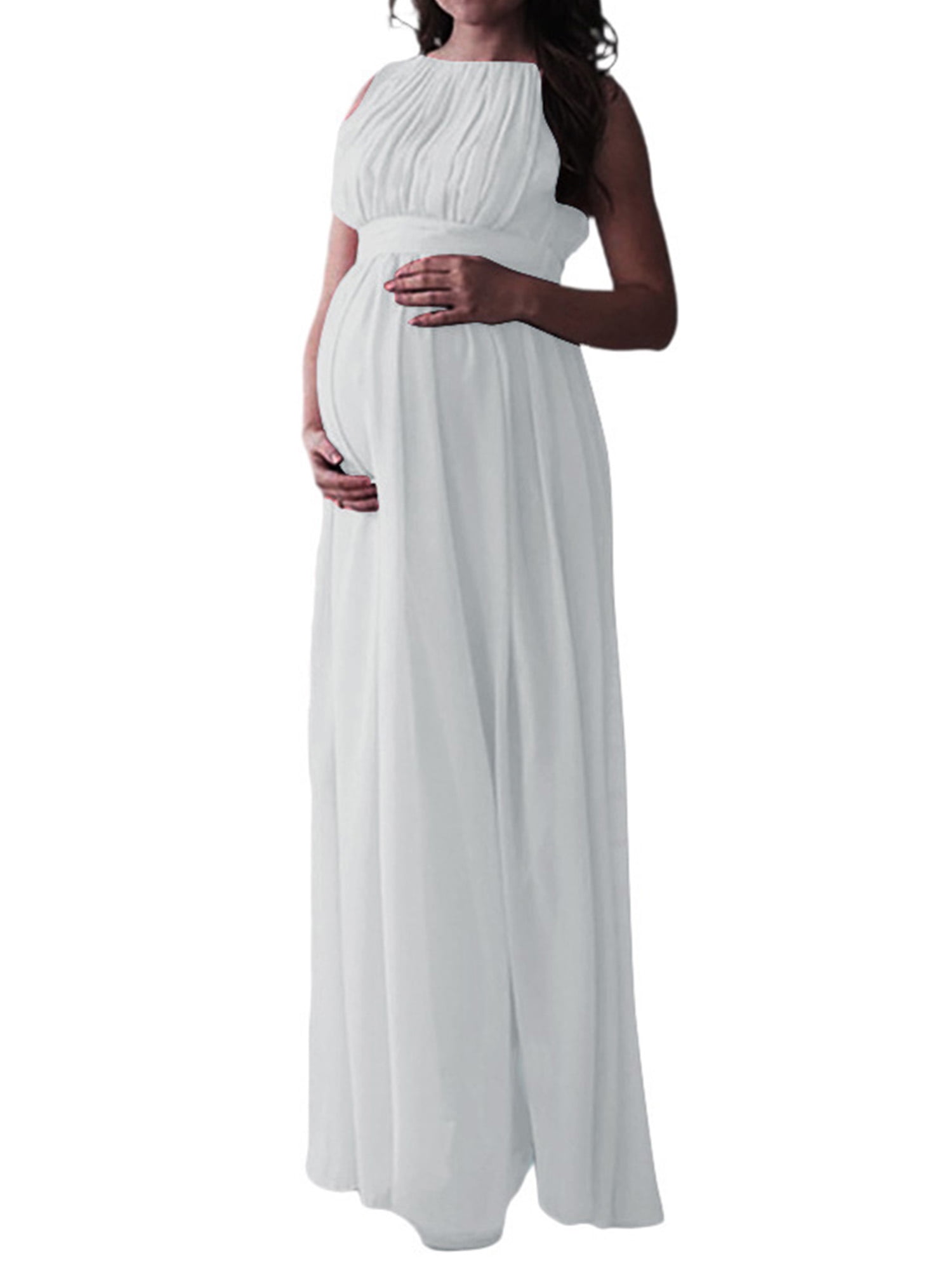 Women Sleeveless Maternity Dress Halter Neck Split Side Solid Flowy Dress with Belted 