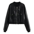 thumbnail image 2 of Faux PU Leather Cropped Bomber Jacket for Women Long Sleeve Baseball Collar Zip Up Biker Coat with Pockets Outerwear, 2 of 8