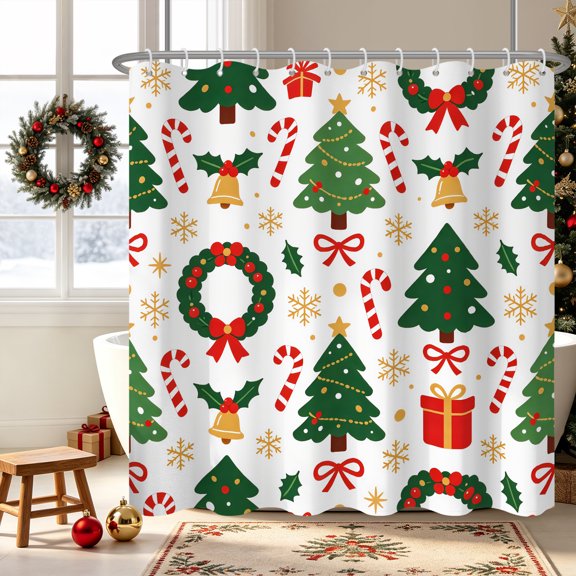Duangreer Cute Christmas Gift and Bell Winter Holiday Fabric Bathroom Decor Shower Curtain with 12 Hooks, Waterproof, 72x72 Inches