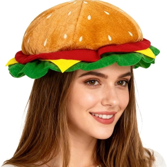 Helii Hamburger Hat Funny Novelty Plush Food Hat 3D Burger Costume Hat Adult Headwear Soft Comfortable Lightweight Unisex One Size Fits Most Head Sizes for Halloween Cosplay Theme Party Role Play