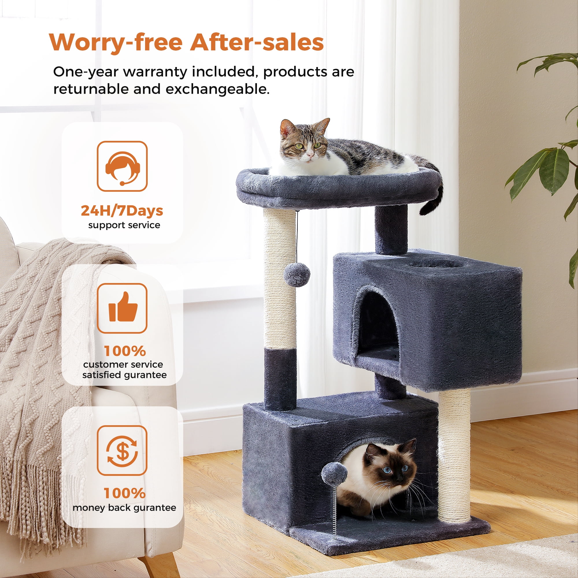 PEQULTI 31.5" Modern Cat Tree Tower with Dual Large Condos for Kitten ＆ Medium Size Cat Dark Gray