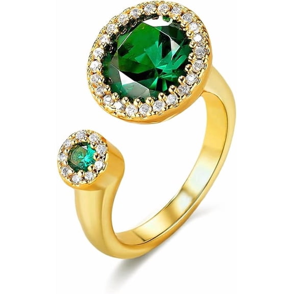 SNGIA 18K Gold Plated Adjustable Open Ring with Green Stone and CZ Halo for Women
