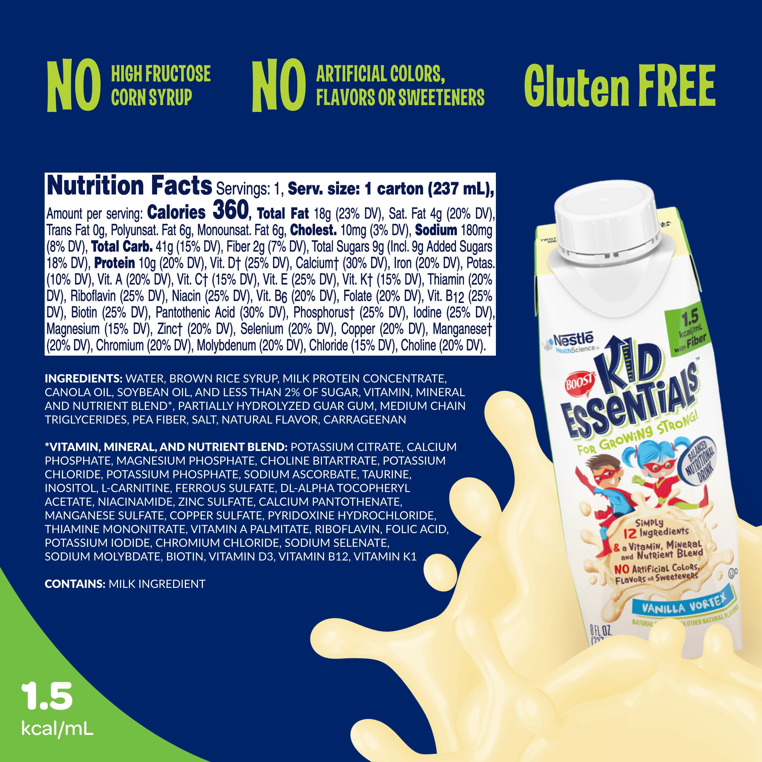 Boost Kid Essentials 1.5 with Fiber Vanilla Vortex, 8 Fl oz, 24ct