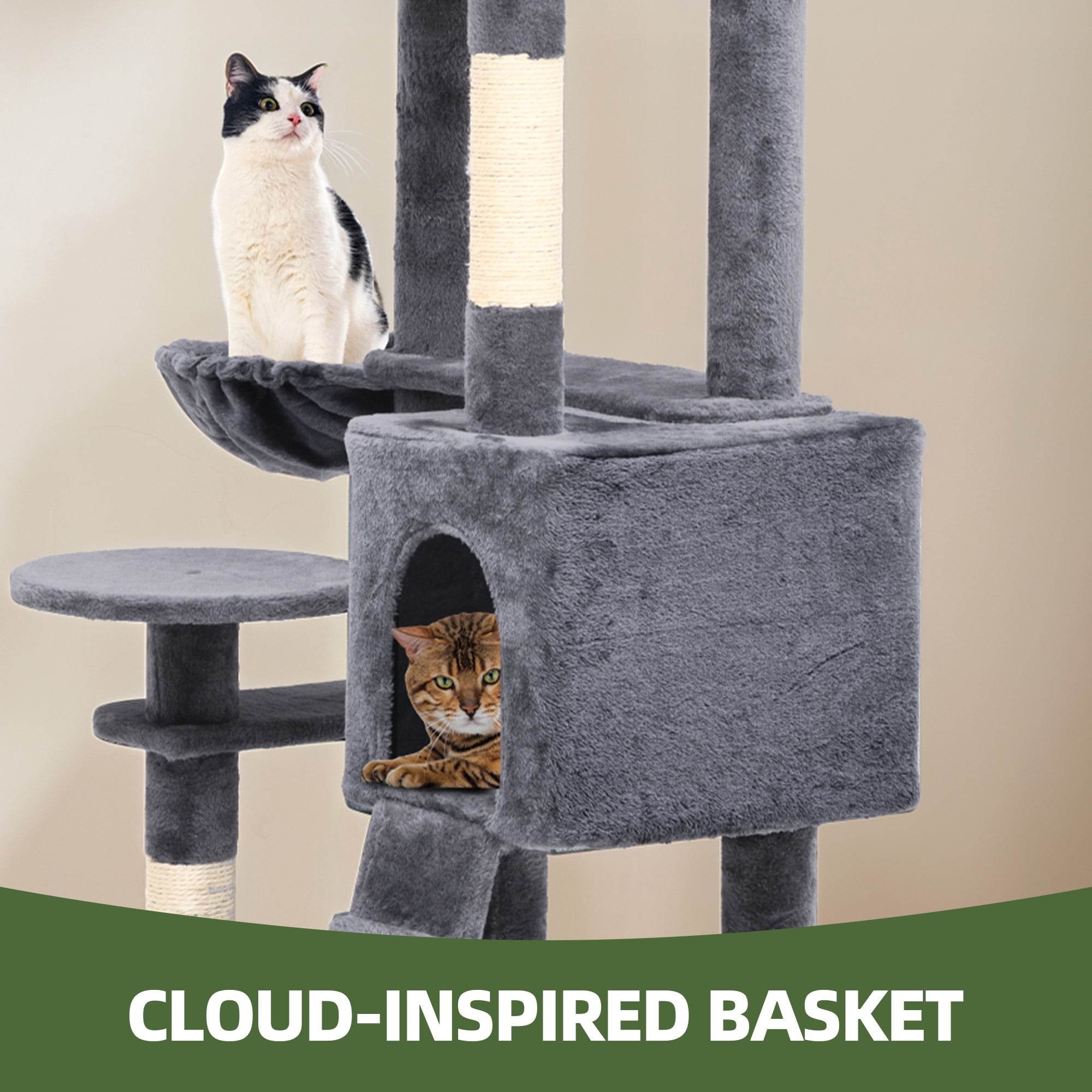 Uforic 70.8" Cat Tree Tower for Indoor Cats,Multi Level Play Tower Condo  with Scratching Posts&Cozy Basket, Light Gray
