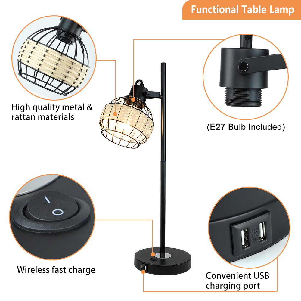 Depuley Wooden Black Table Lamp, 2 USB Ports Adjustable Head Desk Lamp with Rattan Shade, 4W E26 LED Bulb Included