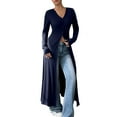 thumbnail image 2 of Fanxing Women's Long Cardigan V Neck Long Sleeve Button Shirt Blouse with Side Slits Ribbed Knit Sweater Casual Tops Blue M, 2 of 5